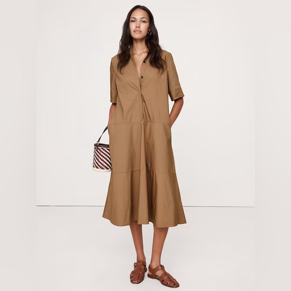 NEW! Banana Republic Brown Cotton Poplin Tuxedo-Front Midi Dress - Multiple 🖊️